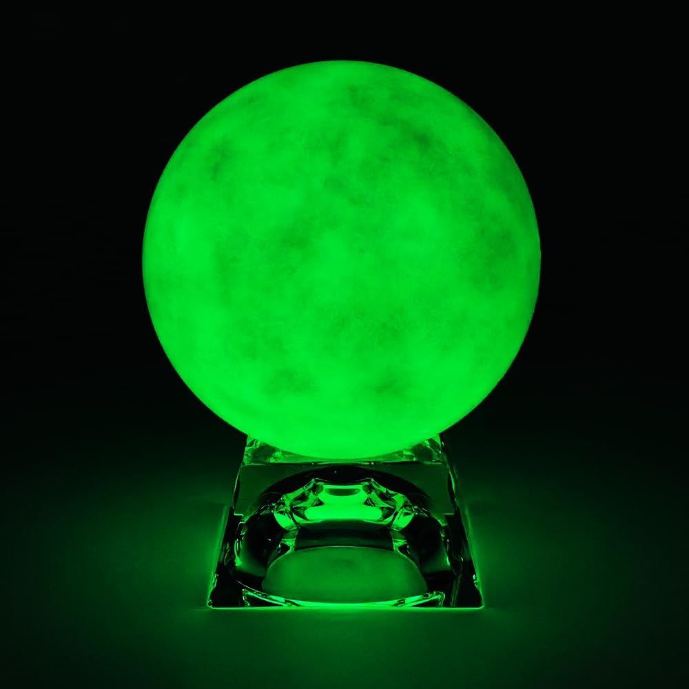 Natural Green Night Pearl Fluorescent Sphere 2.83 inch (72mm) - Polished Natural Stone Glows in Dark with Trapezoid Crystal Stand & UV Flashlight, Mystical Eastern Gem for Sleep Aid Home Decor