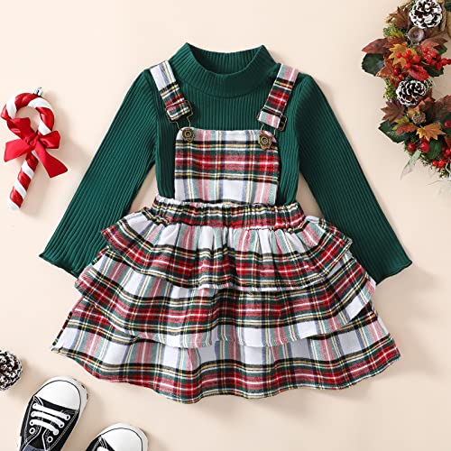 Toddler Baby Girls Christmas Two Piece Skirt Set Long Sleeve Knitted Tops With Plaid Suspender Skirt Fall Outfits (Christmas Green, 4-5 Years) #TOP6