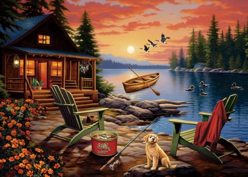 Lake Camping Puzzles for Adults 1000 Pieces, Nature Fishing Landscape Jigsaw Puzzles, Dog Duck Scenic Sunset Puzzle House