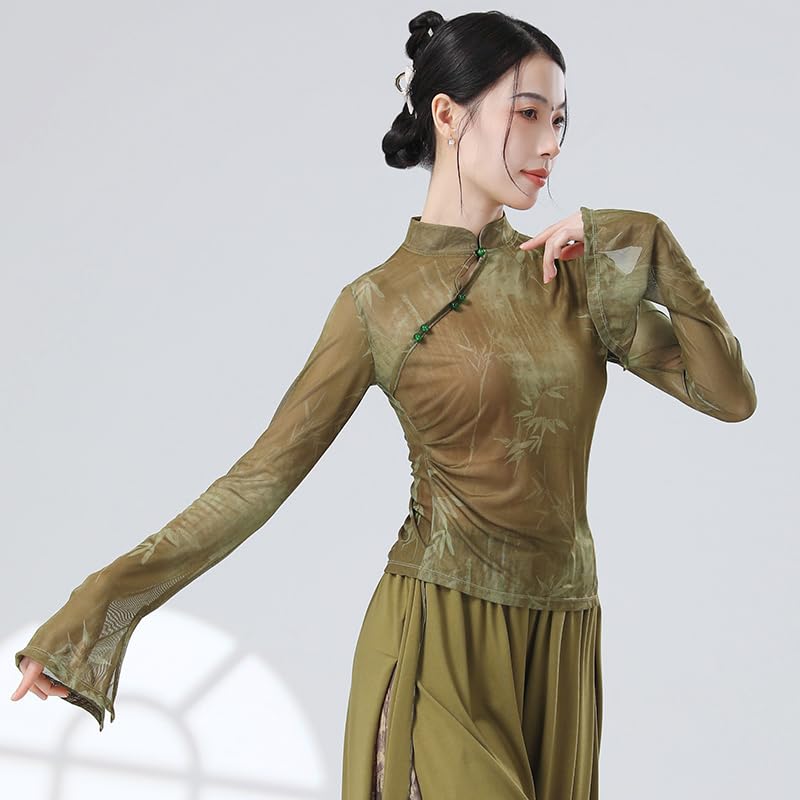 HEARTTOUCH Women Modern Dance Top Mesh Ballet Wrap Top Chinese Style Shirts Yoga Gym Crop Tops Teen Girls Pullover (Green,Small)