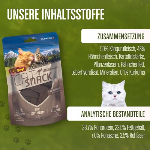 DeliBest Cat Snack aus Känguru mit Kurkuma/Katzen Leckerlies getreidefrei/Katzen Snack verdauungs unterstützend und antioxidativ, fettarmes und proteinreiches Fleisch / 45g