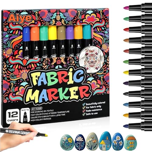 Nurila 12 Textilstifte Waschmaschinenfest, Textilfarbe Stofffarben Waschfest, Stofffarbe Textilmarker Für T-Shirts, Stofftaschen Und Andere Textilien Jutebeutel Stoffbeutel Babyparty Kindergeburtstag