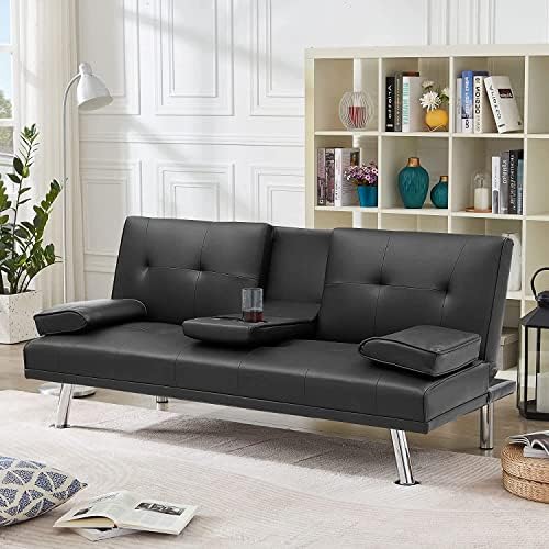 Anwick Modern Leather Futon Sofa Bed,Convertible Folding Couch Recliner Sleeper Loveseat for Small Space,Apartment,Office,Dorm,with Cup Holders and Removable Armrest Black (Black)