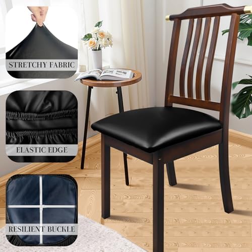 Lufyzora Pu Leather Dining Chair Seat Covers Set of 6, Waterproof Kitchen Chair Covers Stretch Chair Cover for Kitchen/Dining Room/Hotel, Tasteless seat Covers for Chairs (Black - 6 PCS) - 4