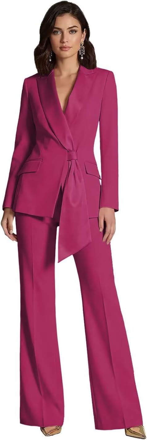 Women's Elegant Lapel Tie Waist Blazer&Pants for Wedding Guest 2 Pieces Suit Set Formal Business Outfit
