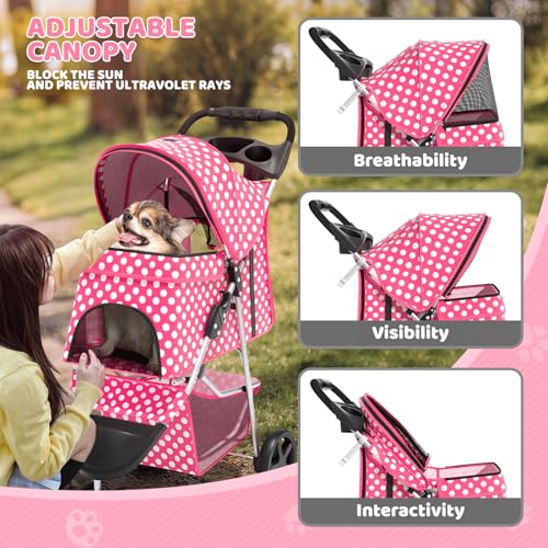 Image of Magshion 3-Wheel Pet Stroller, Foldable Travel Jogger for Small & Medium Dogs & Cats (Up to 33lbs), Lightweight Carrier with Breathable Mesh Cover, Cup Holder & Storage Basket, Hot Pink Polka Dots
