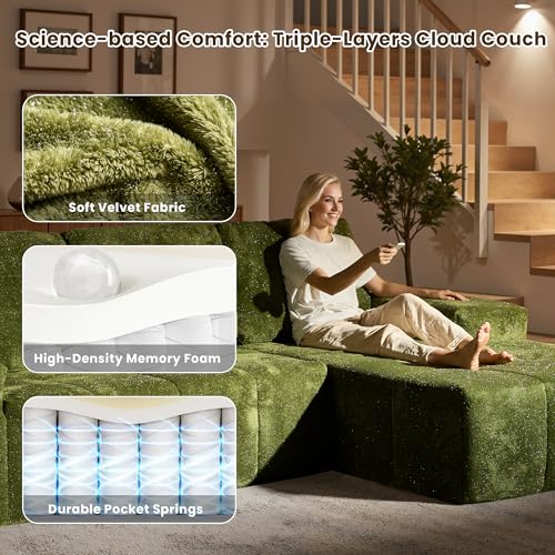Image of 114 inch Glitter Cloud Sectional Couch with L-Shape Chaise, Modern Boneless Couches for Living Room, Fluffy Tufted Deep Seat Modular Sofa in a Box No Assembly
