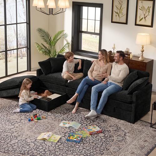Image of Ihanherry 103 inch Modular Sectional Sofa with Storage, L Shaped Cloud Couch with Movable Ottomans & 4 Pillows, Chenille Deep Seat Sectional Couches for Living Room, Apartment (Black)