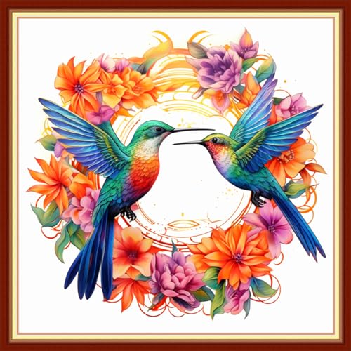 Image of DMCVIVR Stamped Cross Stitch Kits for Beginners Adults Needlepoint Kits for Beginners Embroidery Kits for Adults Crossstitch Kit for Beginners 11CT-Flower Wreath Hummingbird 18x18 inchs
