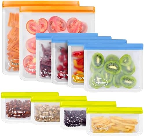 Reusable Ziplock Bags, 10 Pack BPA FREE Reusable Freezer Bags, Leakproof Silicone Bags Reusable Food Storage Bags (4 Reusable Snack Bags, 4 Reusable Sandwich Bags, 2 Reusable Gallon Bags)