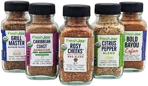 FreshJax Barbecue Seasoning Gift Set | Pack of 5 Organic BBQ Premium Spices and Seasonings | Grill Master, Jamaican Jerk, Maple Bourbon, Citrus Pepper, Cajun Seasoning - BBQ Grill Master