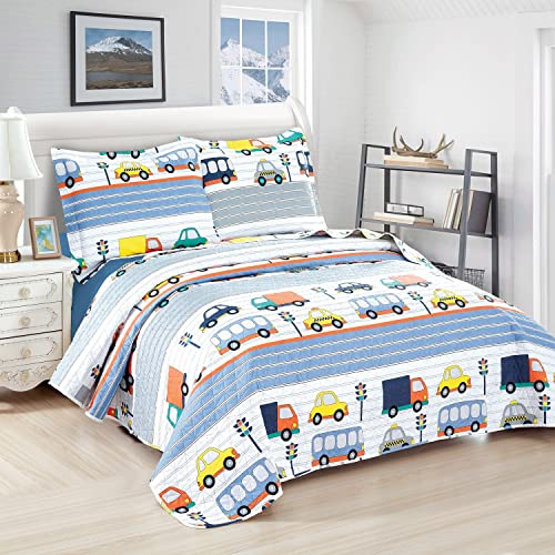 Chino Blue White Car Bedding Coverlet Set, Kids/Boys/Toddler Bedspread Quilt Set With Pillowcases And Bus, Minivan, Taxi, Traffic Lights, Lightweight Soft Cool Bedroom Decor #TOP11