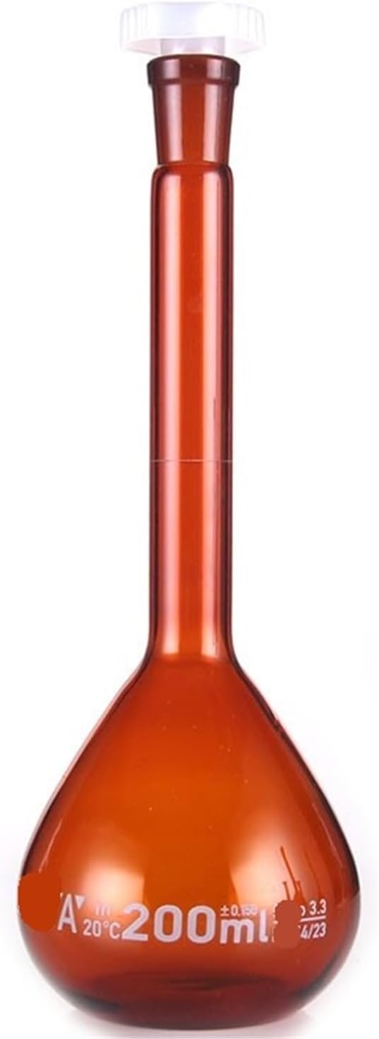 200ml ブラウンラボホウケイ酸ガラスメスフラスコ プラスチックストッパー付き オフィスラボ 透明ガラス製品