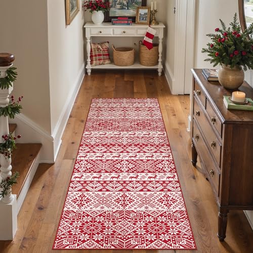 PureCozy Weihnachtsteppich Läufer, 60 x 180 cm Waschbar rutschfest Roter Teppiche Weihnachtsdeko Innen für Wohnzimmer Schlafzimmer Küche Kinderzimmer Eingangsbereich Weihnachtsbaum, Kurzflor Carpet