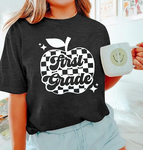 Teacher Shirts for Women First Grade Teacher Shirt Back to School Graphic Tees Casual Elementary Short Sleeve Tops Grey