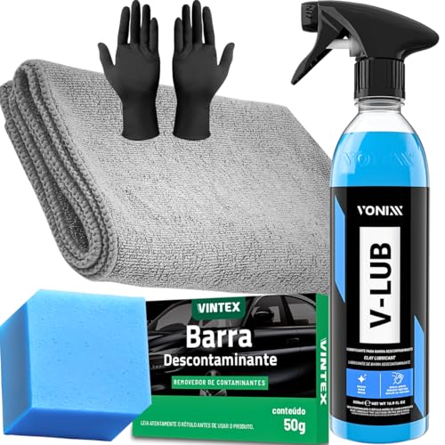 Kit V-lub 500ml Vonixx Lubrificante de Clay Bar + Barra Descontaminante 50g + Pano Microfibra + Luva
