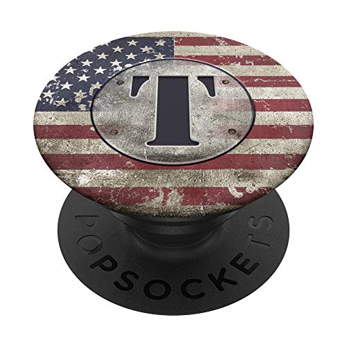 Vintage American Flag Monogram Gift for Men Letter T PopSockets PopGrip - Support et Grip pour Smartphone/Tablette avec un Top Interchangeable