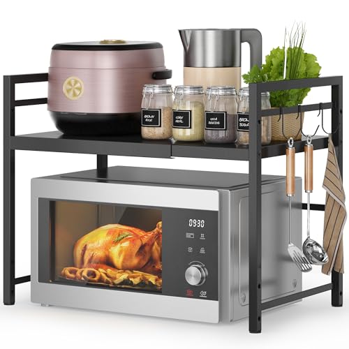 DOLALIKE Microwave Oven Rack, Expandable Microwave Stand Countertop Kitchen Utensils Tableware Storage, Carbon Steel Over Microwave Shelf Countertop with 3 Hooks