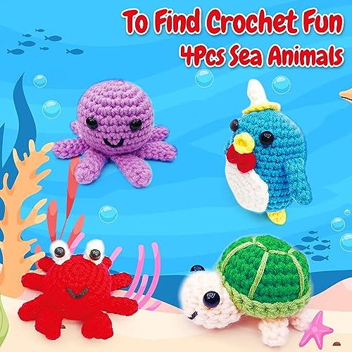 TGIQROVE Crochet Kit for Beginners, Crochet Starter Kit with Video Tutorials, Crochet Animal Kits for Adults Kids, DIY Craft Knitting Supplies, 4 Pack Cute Sea Animals for Birthday Gifts