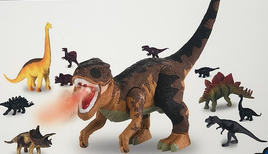 24-Inch Dinosaur Toy Figure with Moving Wheels, Roar Sound & Mist Spray – Detachable Head and Tail, Holds 10 Mini Dinos Inside – Interactive Play Set for Kids (Brown)