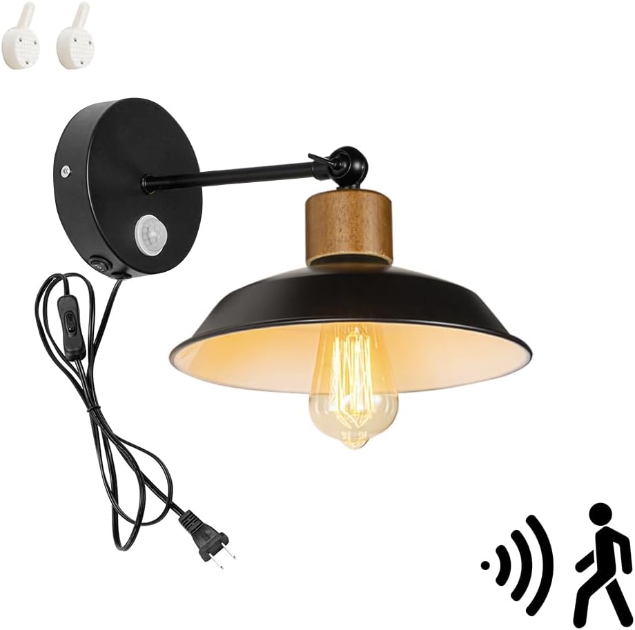 1 Pcs Motion Sensor Light Adjustable Angle 5.9 Feet Plug in Cord Vintage Design Black Metal Macaron Green Shade Wall Light for Entrance Hallway Toilet Stairs Bulb Included