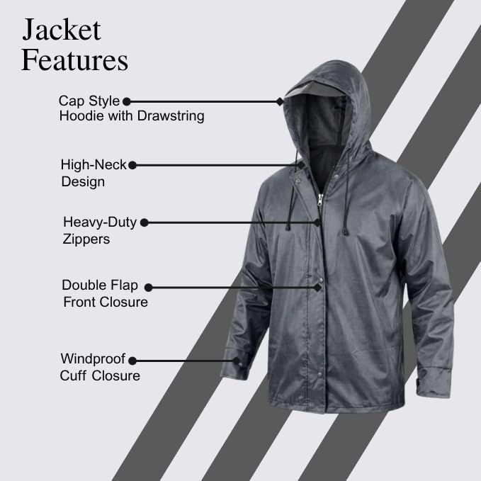 Image of GRECIILOOKS Men`s Raincoat | raincoat For men Waterproof with Hood | Rainsuit with Drawstring & heavy duty zippers | rain coat for Mens with Transparent Visor
