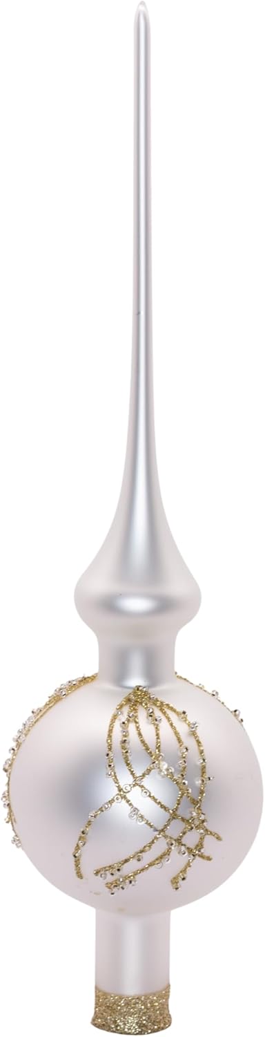 Luxury Handcrafted Glass Christmas Tree Topper Ornament - 1-Piece - White & Gold - 28 cm - Mouth-Blown & Hand-Painted