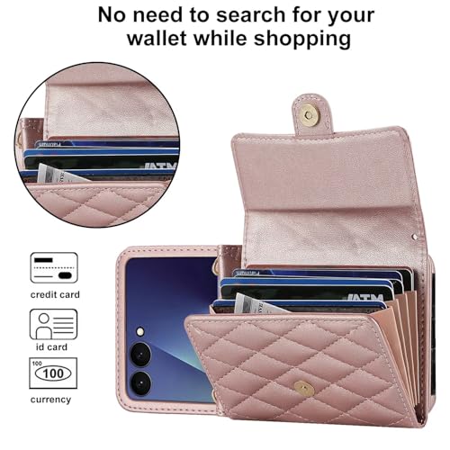 Image of Phone Case for Samsung Galaxy Z Flip 7, Crossbody Wallet Phone Cover with Card Holders Cash Slot Wristlet Strap, Fashion Leather Handbag Flip 7 Phone Case for Women Girls Rose Gold