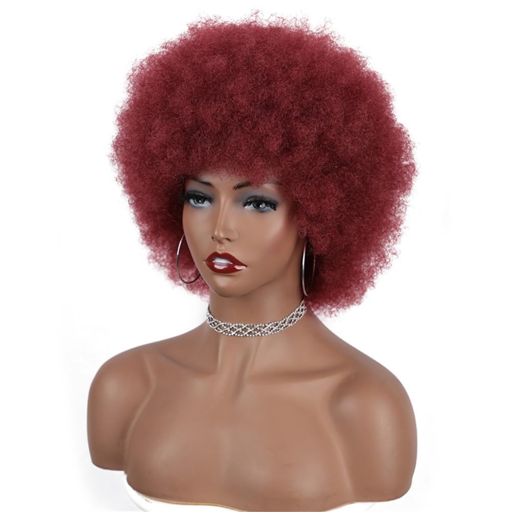 Peruka z ludzkich włosów afro z krótkimi kręconymi włosami, 6 cali, bez kleju, gotowa do noszenia, do cosplay w stylu lat 70. i codziennego użytku, bordowa peruka