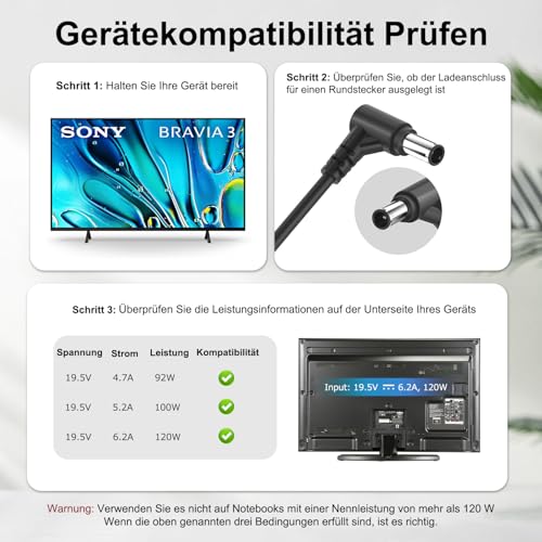HKY TV Netzteil AC Adapter Ladegerät für 19,5V 6,2A Sony Bravia TV KDL-32 KDL-40 W600B W650A W674A W700B W800B KDL55W650D KDL48W600B KDL-42W650A KDL-40W600B KDL-32W700B Smart LED LCD Ladekabel 120W – Bild 4