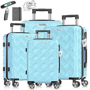 KESSER® Reisekoffer Set 4-teilig | Kofferset ABS Hartschalenkoffer mit Zahlenschloss, Kofferwaage & Reisebrieftasche 360° Rollen | Handgepäck & große Koffer für Business & Reise Trolley Sky Blue