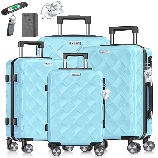 KESSER® Reisekoffer Set 4-teilig | Kofferset ABS Hartschalenkoffer mit Zahlenschloss, Kofferwaage & Reisebrieftasche 360° Rollen | Handgepäck & große Koffer für Business & Reise Trolley Sky Blue