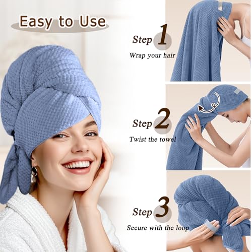 Image of Large Hair Towel Wrap for Women, Quick-Dry Turban, Ultra Absorbent & Anti-Frizz, Ideal for Long, Thick & Curly Hair, Soft Lightweight Microfiber Drying Towel (24x42, Blue)