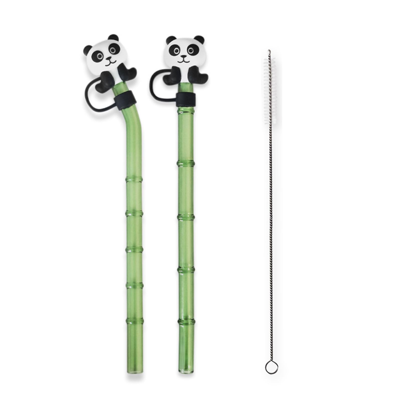 2 Pcs Reusable Bamboo Shaped Glass Straws，Shatter Resistant Drinking Straw with Panda Cover Straw Topper and Straw Brush for Juice Iced Coffee Holiday Party Supplies