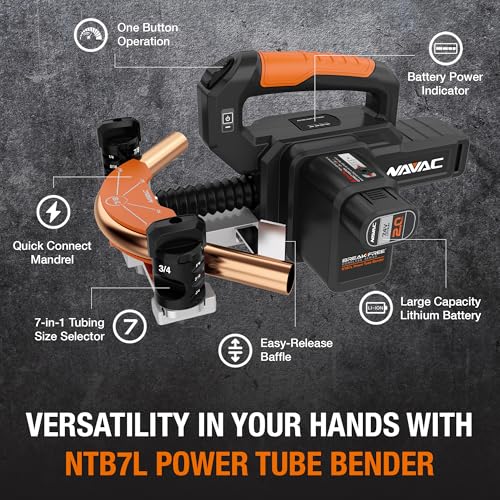 Image of NAVAC NTB7L Power Tubing Bender for Soft Copper Tubing - Battery-Operated - One-Button Operation - Quick Connect Mandrel - Easy-Release Baffle - 7-in-1 Tubing Size Selector