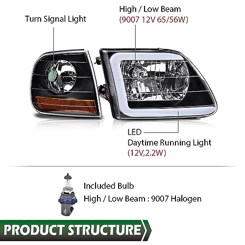 Image of GRAND ORANGE LED DRL strip Headlights Assembly Fit Ford Expedition 1997-2002 /Fit Ford F150 1997-2004 /Fit F250 1997-1999 Clear Lens Black Housing Amber Reflector