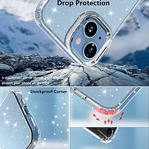 Gimane Glitter for iPhone 14 Case, 2 Pack [Tempered Glass Screen Protector + Camera Lens Protector], Cute Clear Sparkle Shockproof Protective Phone Case Cover for Women Girls-Clear Glitter