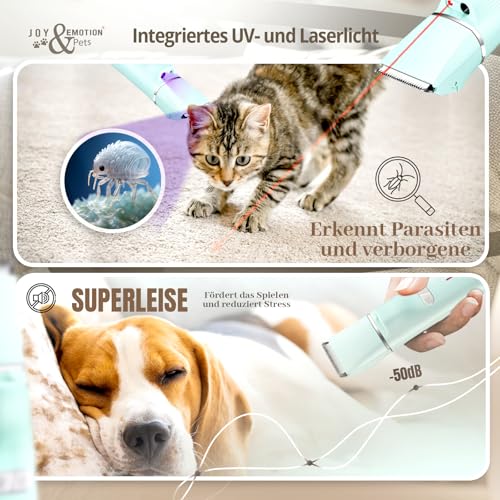 JOY & EMOTION® 6 in 1 Schermaschine für Katzen und kleine Hunde, Hundeschermaschine mit Laser und UV-Licht zur Erkennung von Wunden | Kabellose Tierhaarschneidemaschine | LEISER Pfotentrimmer Hunde