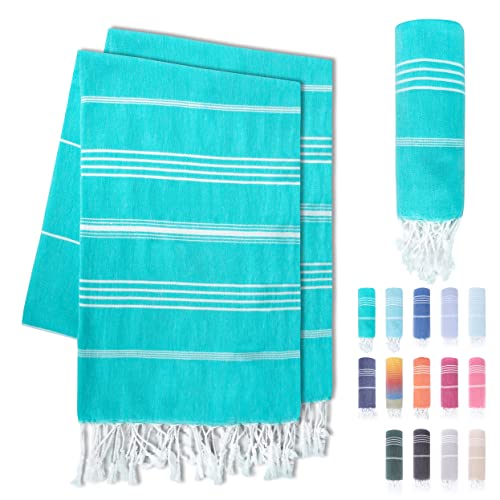 LAYNENBURG Set di 2 Serviette de Plage avec Franges - 100% Coton - Serviette de fouta hammam XXL 95x180 cm - Oeko-TEX 100 - Peshtemal Grande - Serviette de Sauna & Drap de Bain (Turquoise)