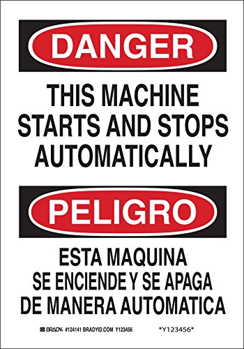 Brady 124142 Bilingual Sign, Legend "This Machine Starts and Stops Automatically", 14" Height, 10" Width, Black and Red on White