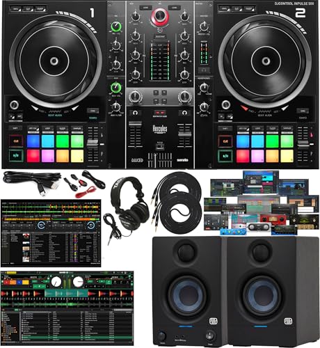 Hercules DJControl Inpulse 500 2-Channel DJ Controller Bundle with PreSonus Eris 3.5 Studio Monitors, DJ Headphones, Cables & Serato DJ Lite/DJUCED + Studio One Software