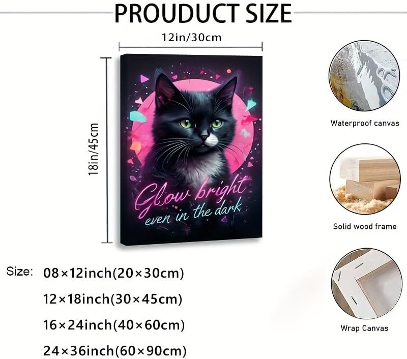 Miniatura 2 de Canvas Wall Art Painting Retro Synthwave Black White Cat Neon Geometric Shapes Layered Framed Motivational Ready To Hang Modern Decor for Bedroom