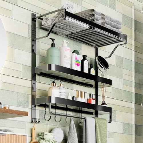 Bath Towel Bars, Triple Tier Towel Rack Wall Mounted with Large Storage Basket Dual Floating Shelves 24\" Rod Bars 7 Hooks,Towel Holder Organizer for Hotel, Lavatory, Bathroom, Restroom - Thumbnail 3