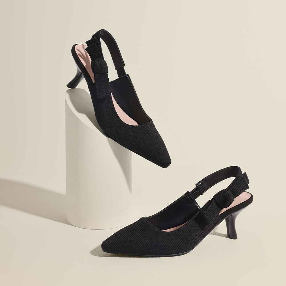 Erocalli Women's Low Kitten Bow Heels Slingback Dressy Pumps Pointed Closed Toe Elegant Wedding Pumps Formal Comfortable Shoes - Image 5