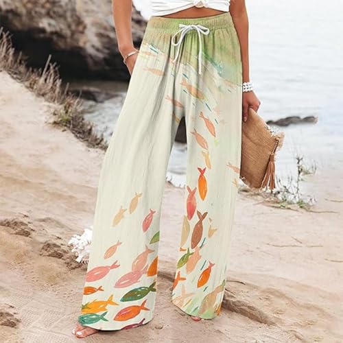 Women Linen Casual Pants Prints Wide Leg Lightweight Holiday Flowy Pant Drawstring Elastic Waisted Summer Palazzo Pants2