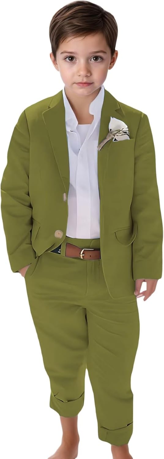 Boys Linen Suit Slim Fit 2 Piece Summer Beach Wedding Outfit Kids Linen Suit Jacket Pant Set for Size 2-16 Years
