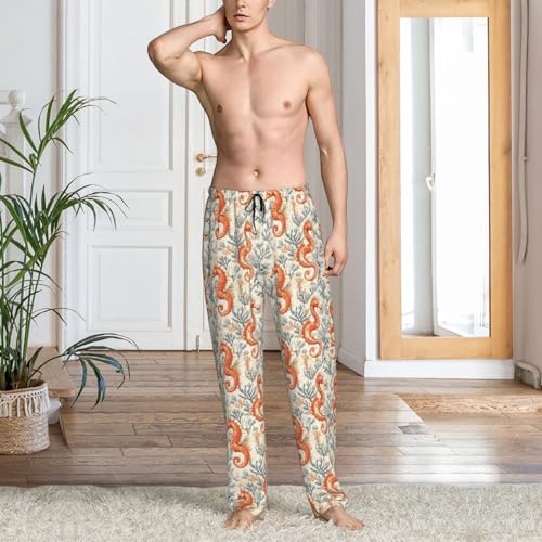 Mens Pajama Pants - Orange Seahorse Pattern Print Soft Sleep Lounge Pants For Men, Casual Pj Bottoms With Pockets2
