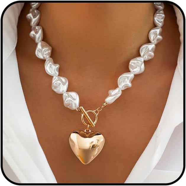 Chunky Gold Big Pearls Heart Pendant Necklaces for Women Baroque Pearl Statement Choker Necklace OT Toggle Love Necklace Jewelry Accessories