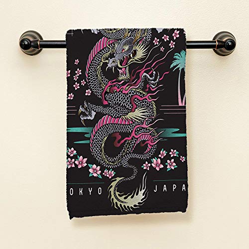 Swono Japanese Dragon Hand Towel,Abstract Dragon With Cherry Blossom With Japanese Style Hand Towels For Bath Hand Face Gym And Spa Bathroom Decoration 15"X30" #TOP1