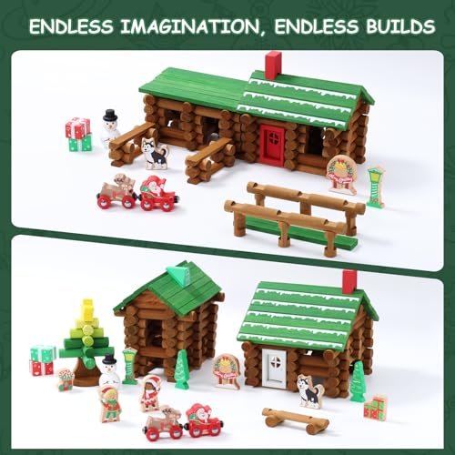 Image of SainSmart Jr. Wooden Logs Set 182 Pcs Building House Toy for Toddlers with Christmas Tree Logs, Classical STEM Construction Kit Compatible with Lincoln Logs for 3+ Kids